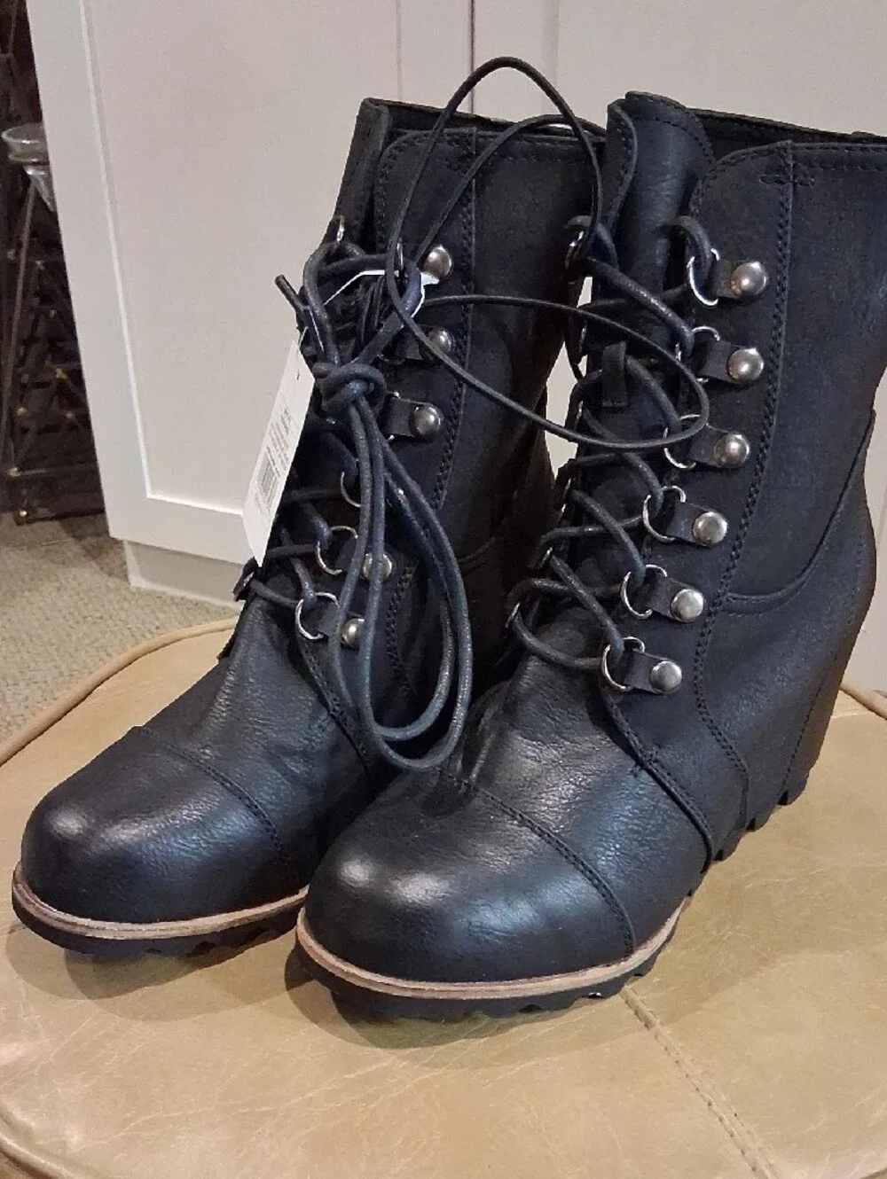 Merona Black Lace-Up Wedge Ankle Boots
